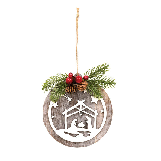 Round Wooden Nativity Scene w/Pine Spray Ornament