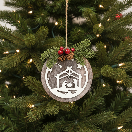 Round Wooden Nativity Scene w/Pine Spray Ornament